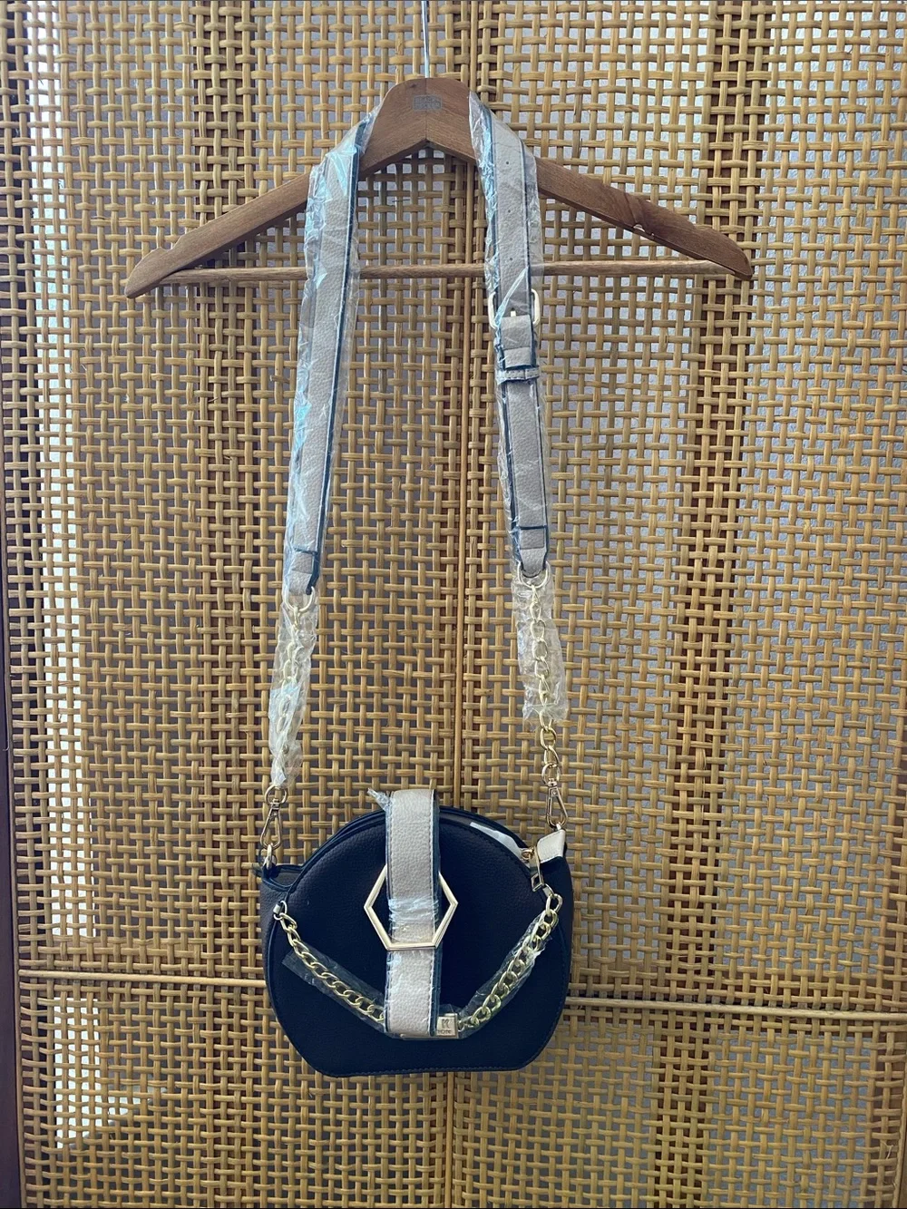 Brown and Silver Round Crossbody Bag with Chain Detail